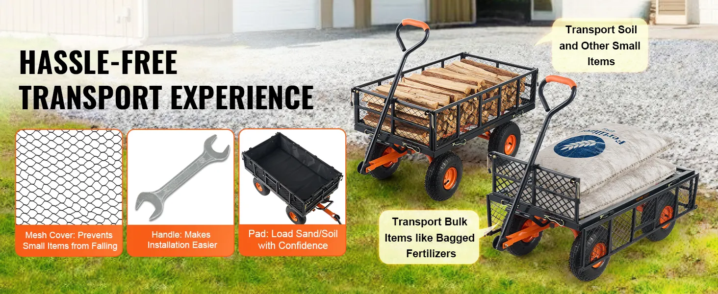 VEVOR dump cart for hassle-free transport of firewood, soil, and bulk items with mesh cover and handle.