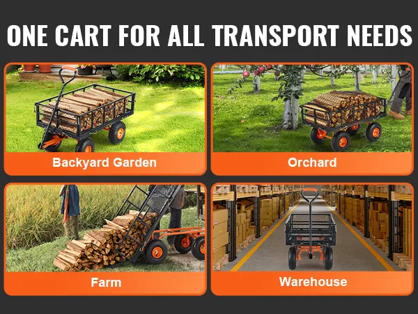 VEVOR dump cart transporting wood in backyard garden, orchard, farm, and warehouse settings.