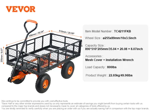 VEVOR dump cart with handle, 880lbs load capacity, mesh cover, and four orange wheels.