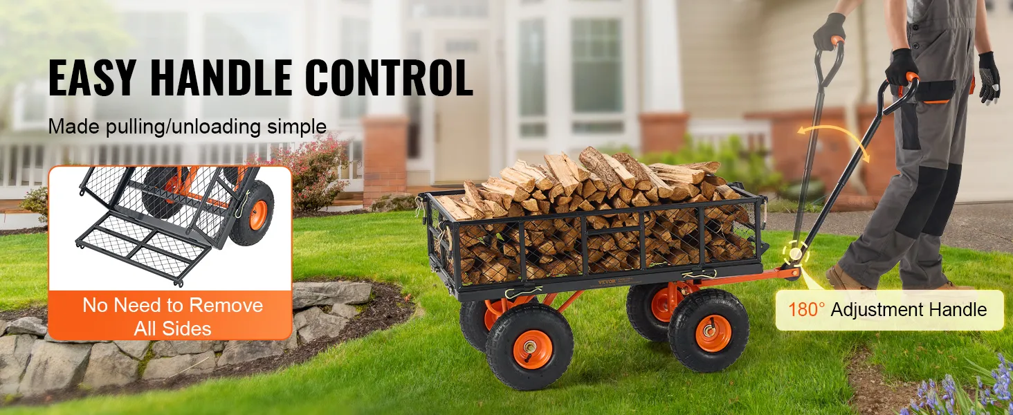 VEVOR dump cart loaded with firewood, easy handle control with 180° adjustment, garden setting.
