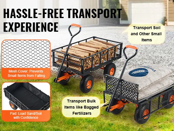 VEVOR dump cart featuring mesh cover, handle, and pad for transporting soil, firewood, and fertilizers.