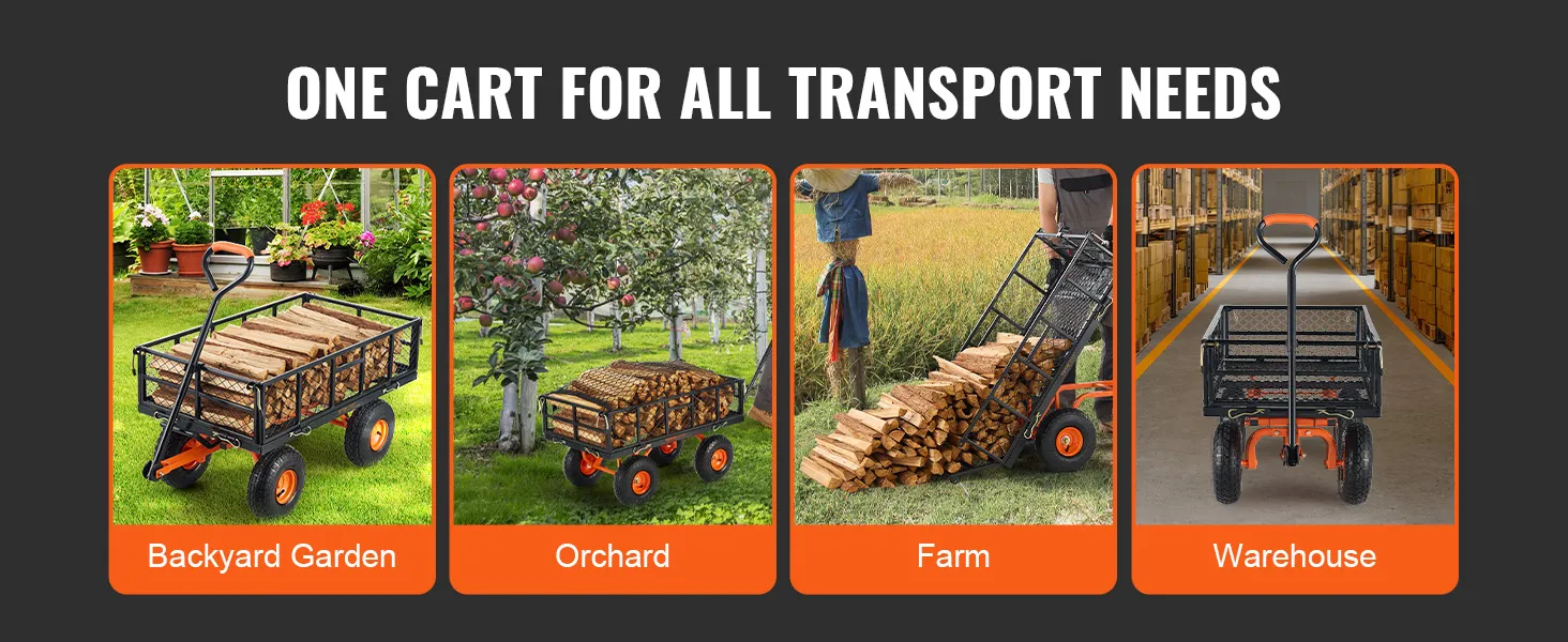VEVOR dump cart for backyard, orchard, farm, and warehouse transport with wood logs.