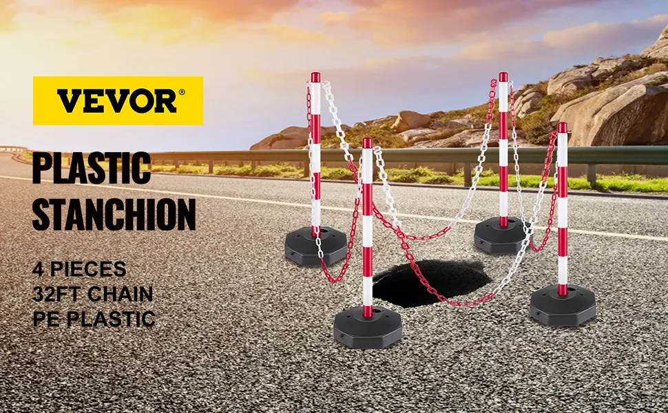 VEVOR plastic stanchion kit, 4 pieces with 32ft chain, on road at sunset.