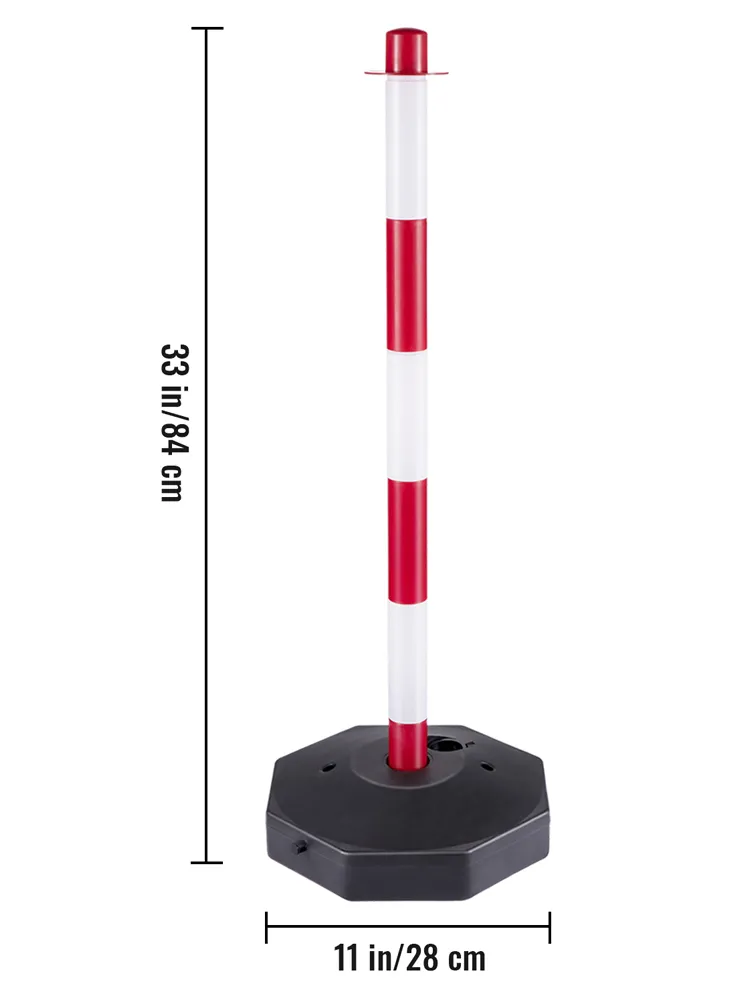 red and white VEVOR plastic stanchion kit with dimensions 33 in/84 cm tall, 11 in/28 cm base.