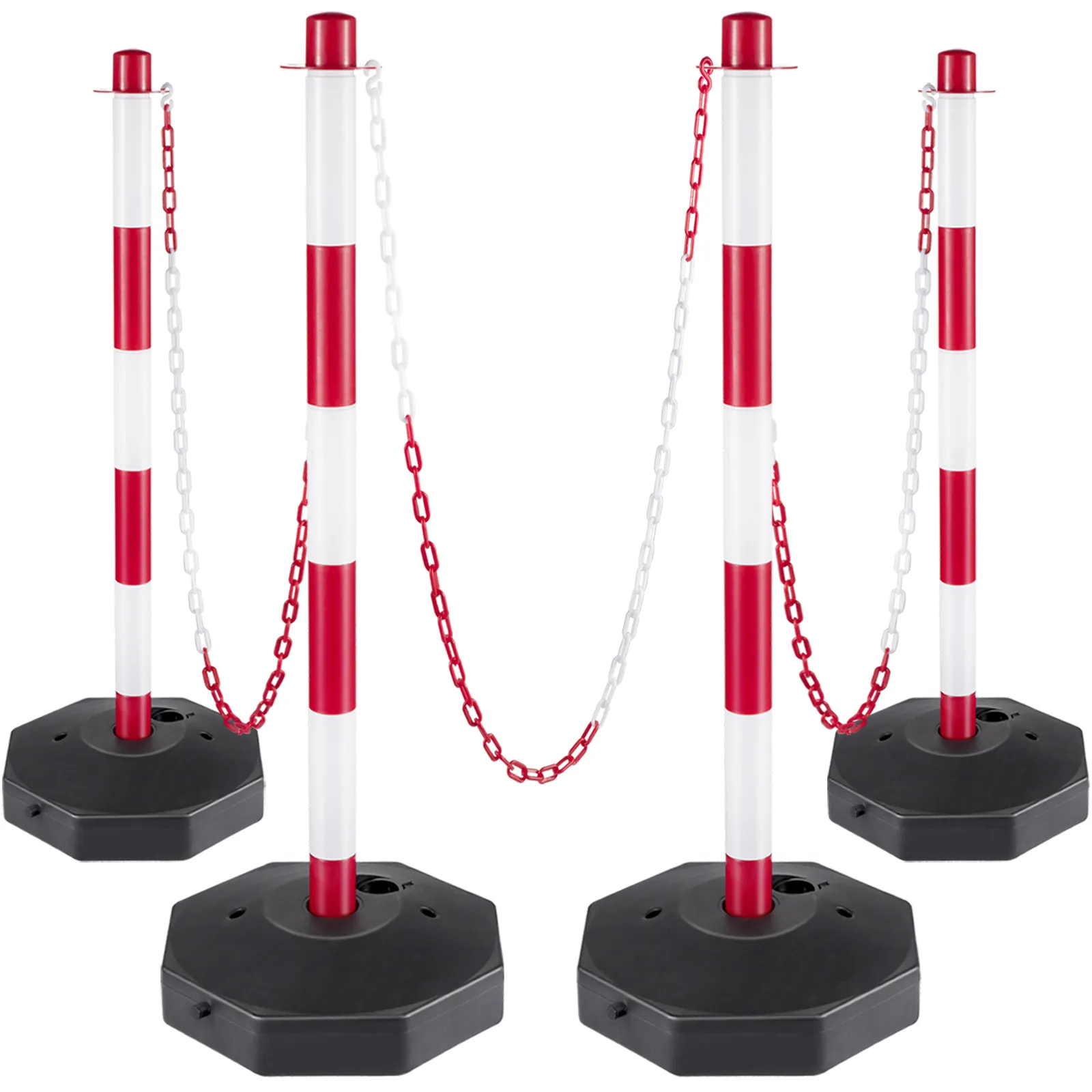 red and white striped stanchions with chains, part of the VEVOR plastic stanchion kit.