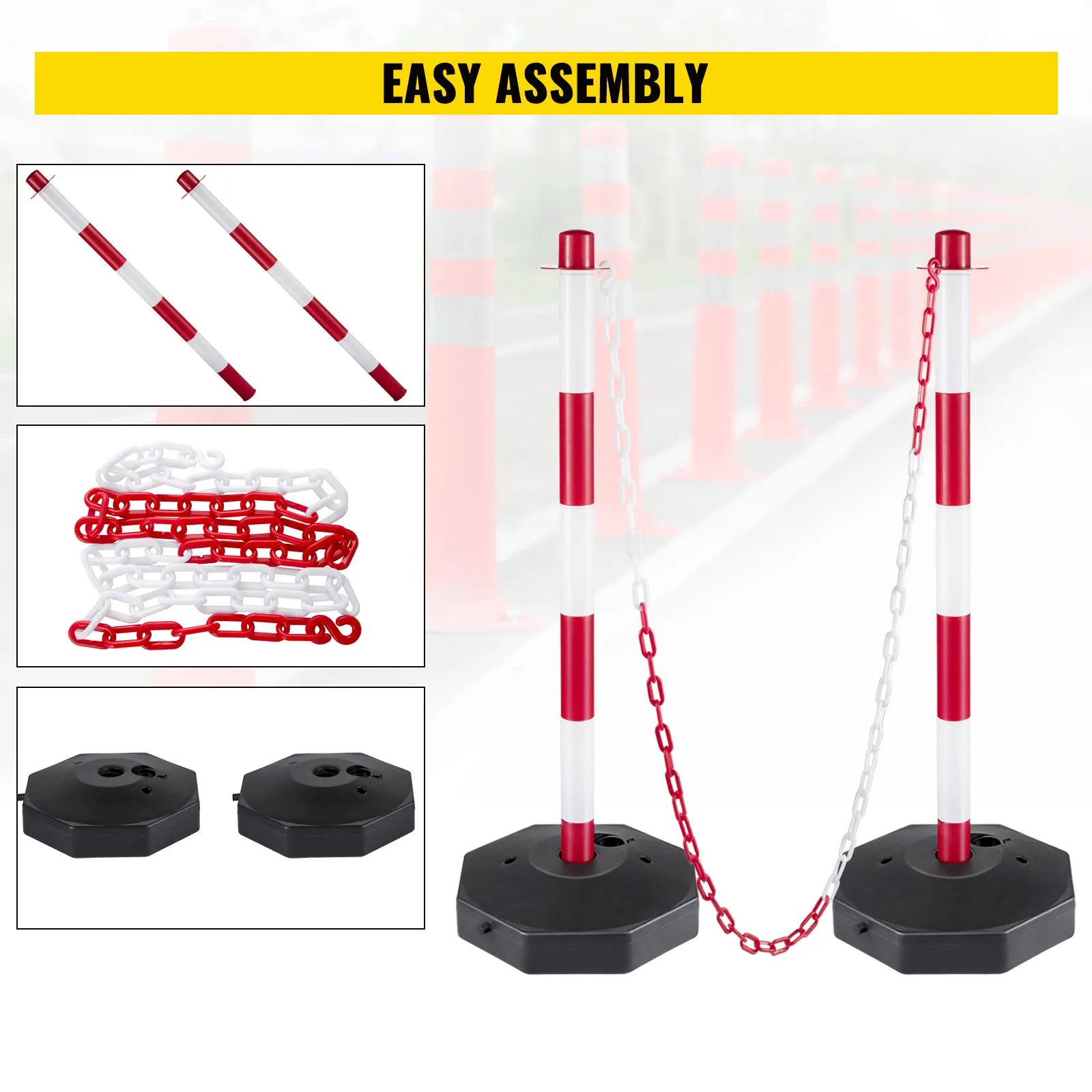 VEVOR plastic stanchion kit with red and white poles, base, and chain for easy assembly.