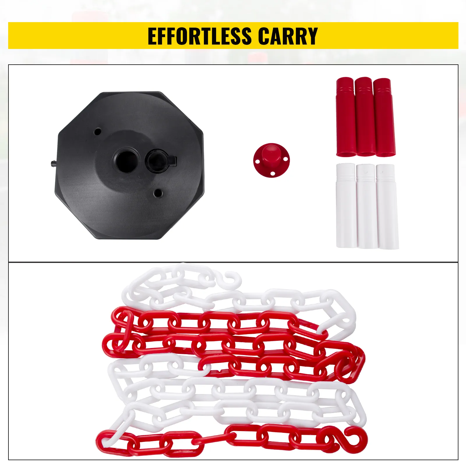 base, poles, and chains of the VEVOR plastic stanchion kit for effortless portability.