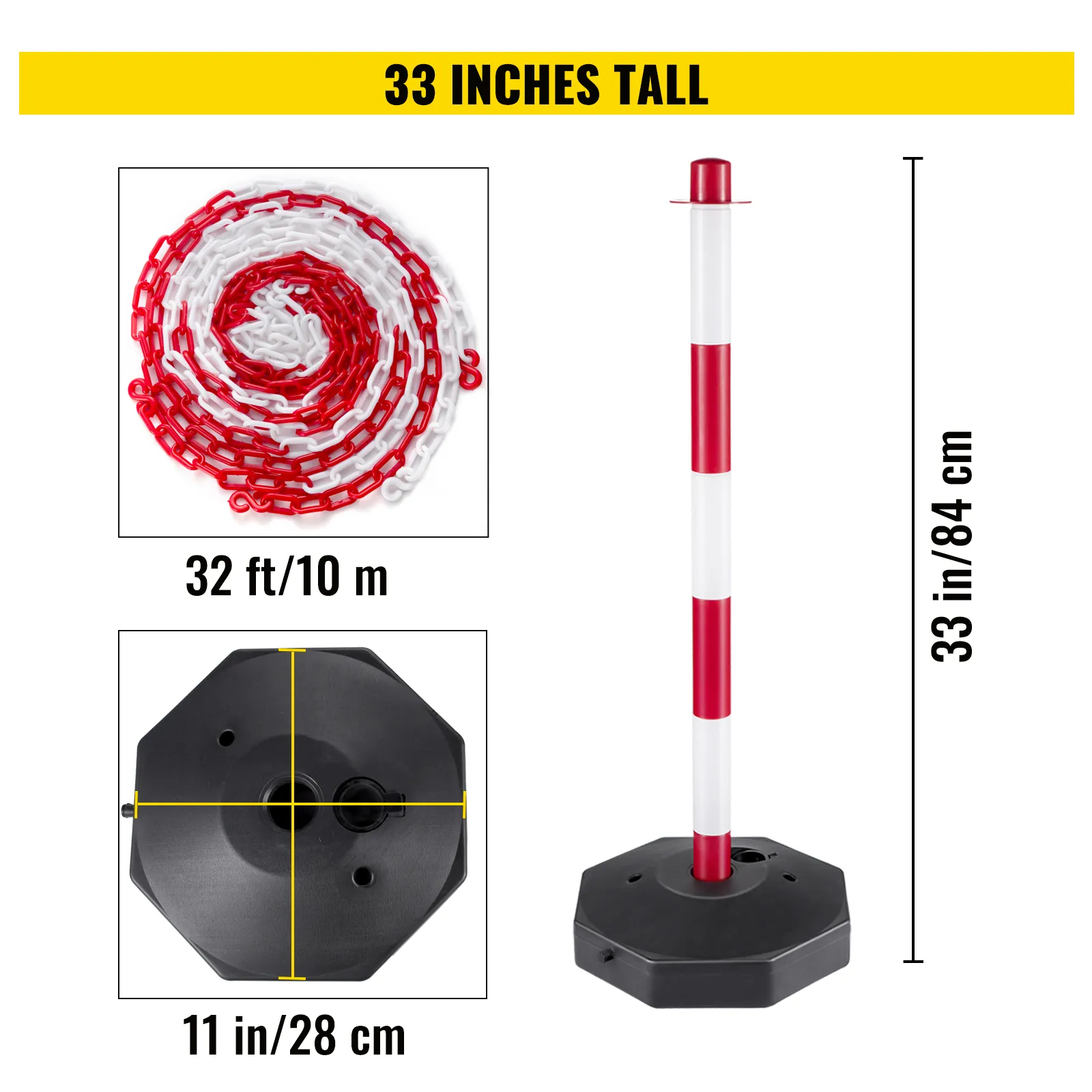 VEVOR plastic stanchion kit: 33 inches tall, 32 ft chain, 11-inch base.