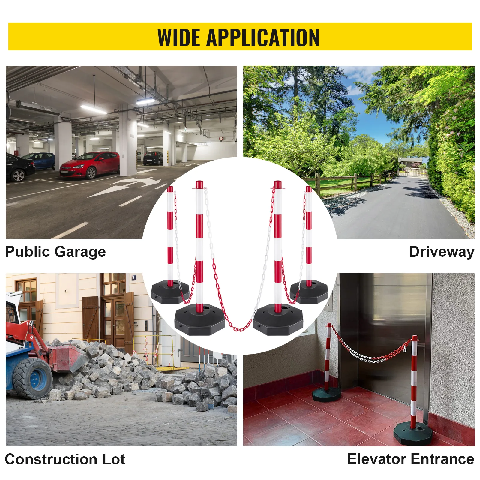 VEVOR plastic stanchion kit used in public garages, driveways, construction lots, and elevator entrances.