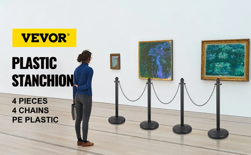 Poste de plástico VEVOR en una galería de arte con cuatro cadenas y pinturas en la pared.