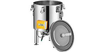 stainless steel VEVOR brew fermenter with digital display and detachable lid.