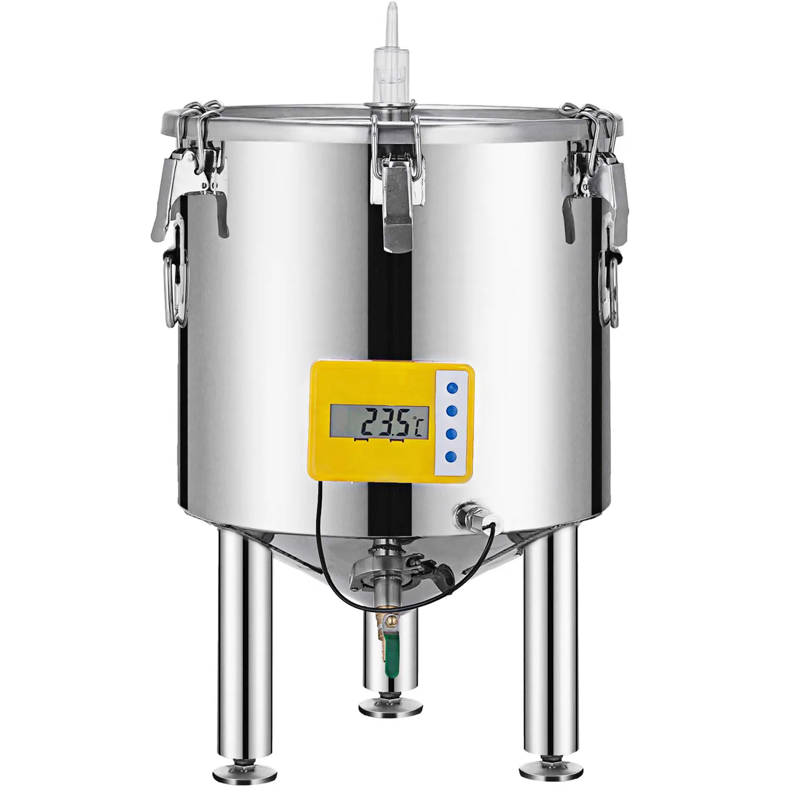 VEVOR brew fermenter with digital temperature display and secure stainless steel design.