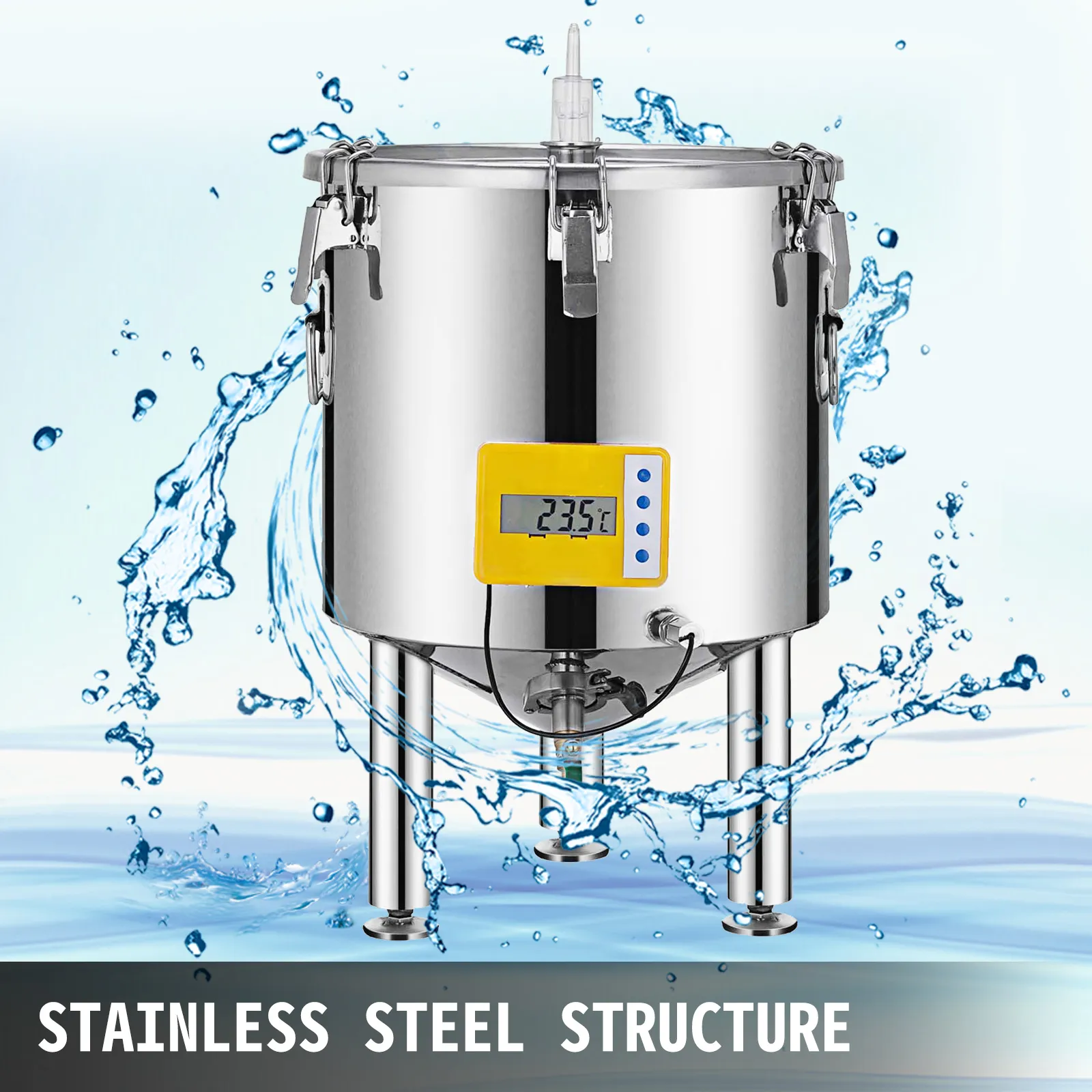 VEVOR brew fermenter with digital thermometer, stainless steel construction and water splashes.