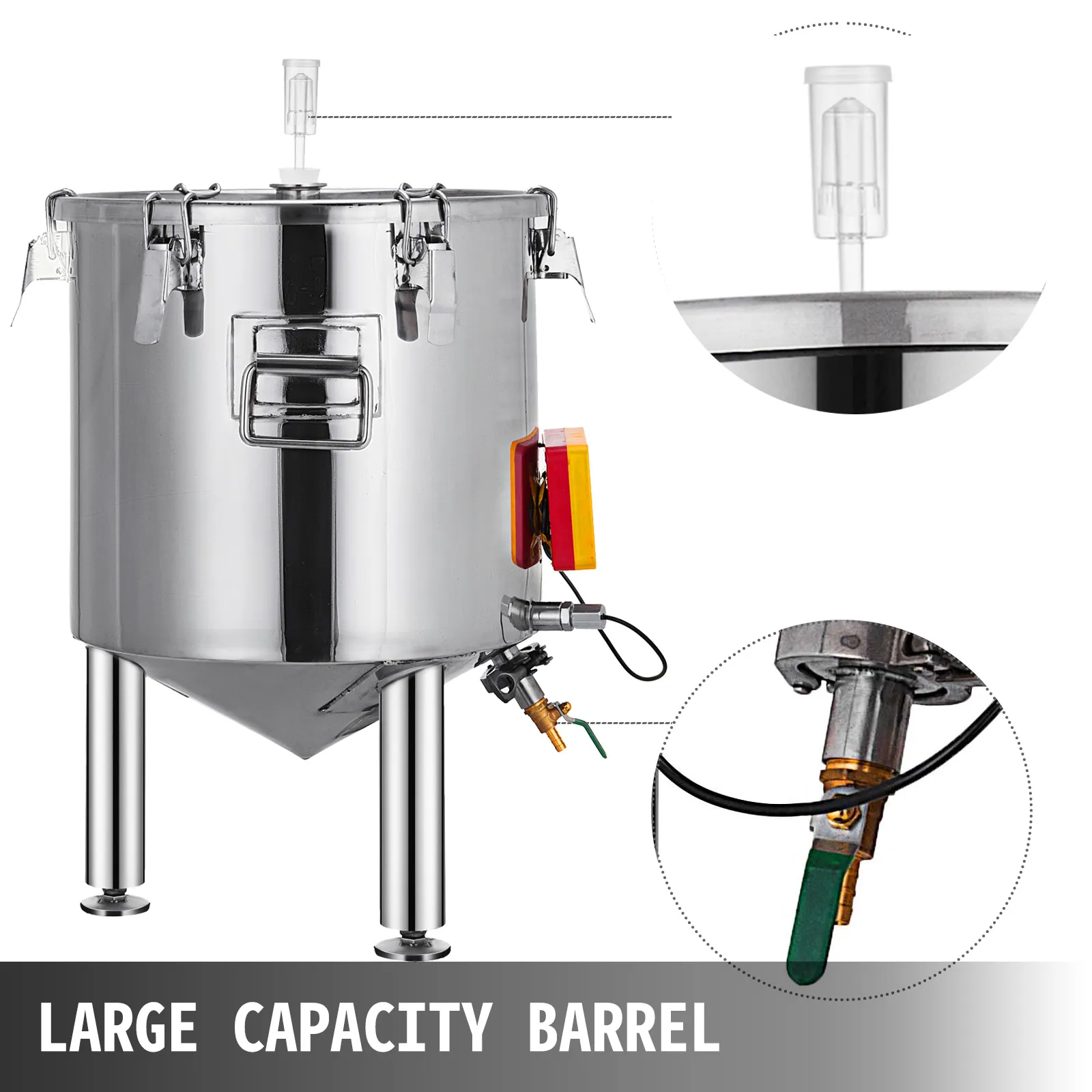 VEVOR brew fermenter: large stainless steel barrel with airlock and valve attachments.