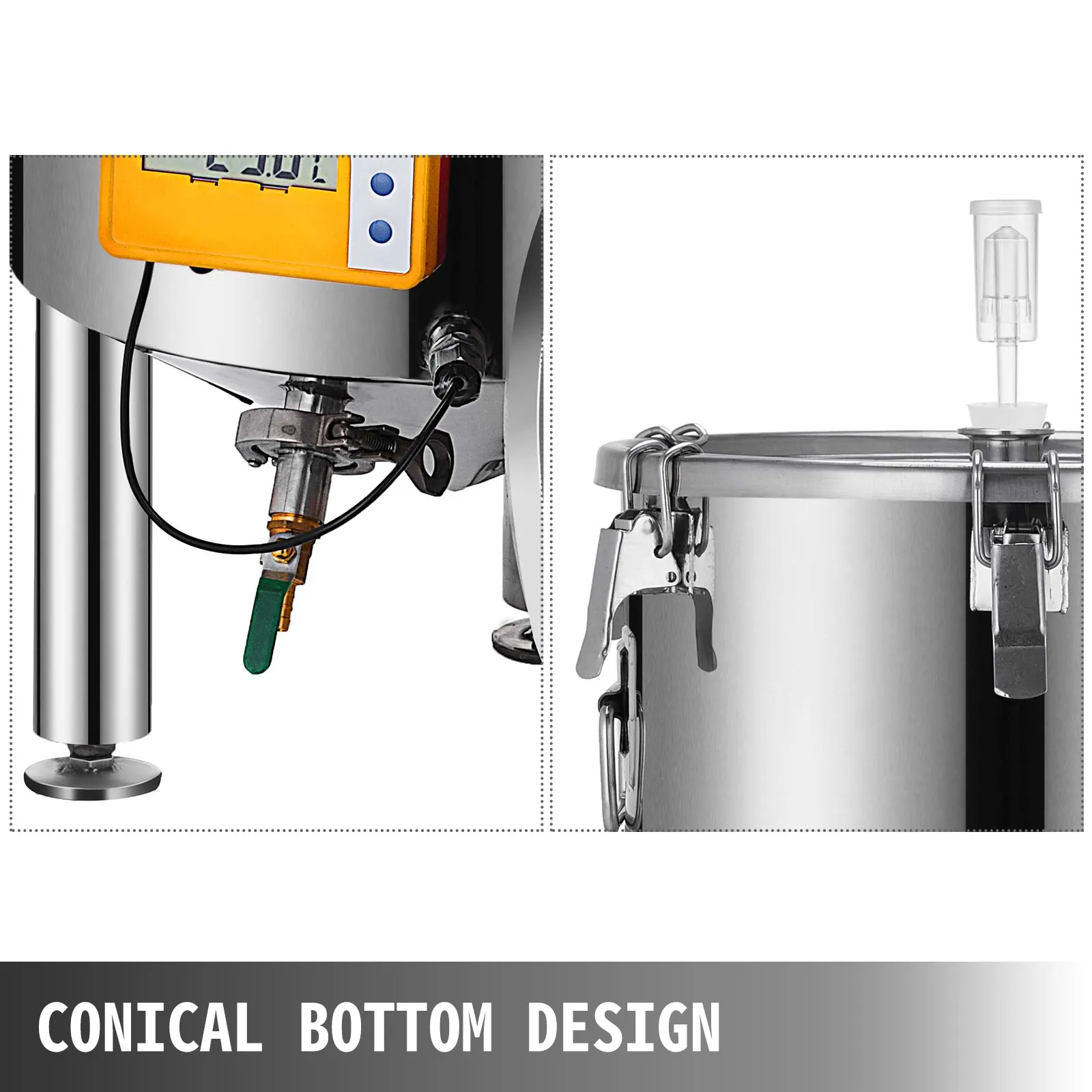 close-up of VEVOR brew fermenter with conical bottom design and secure lid clamps.