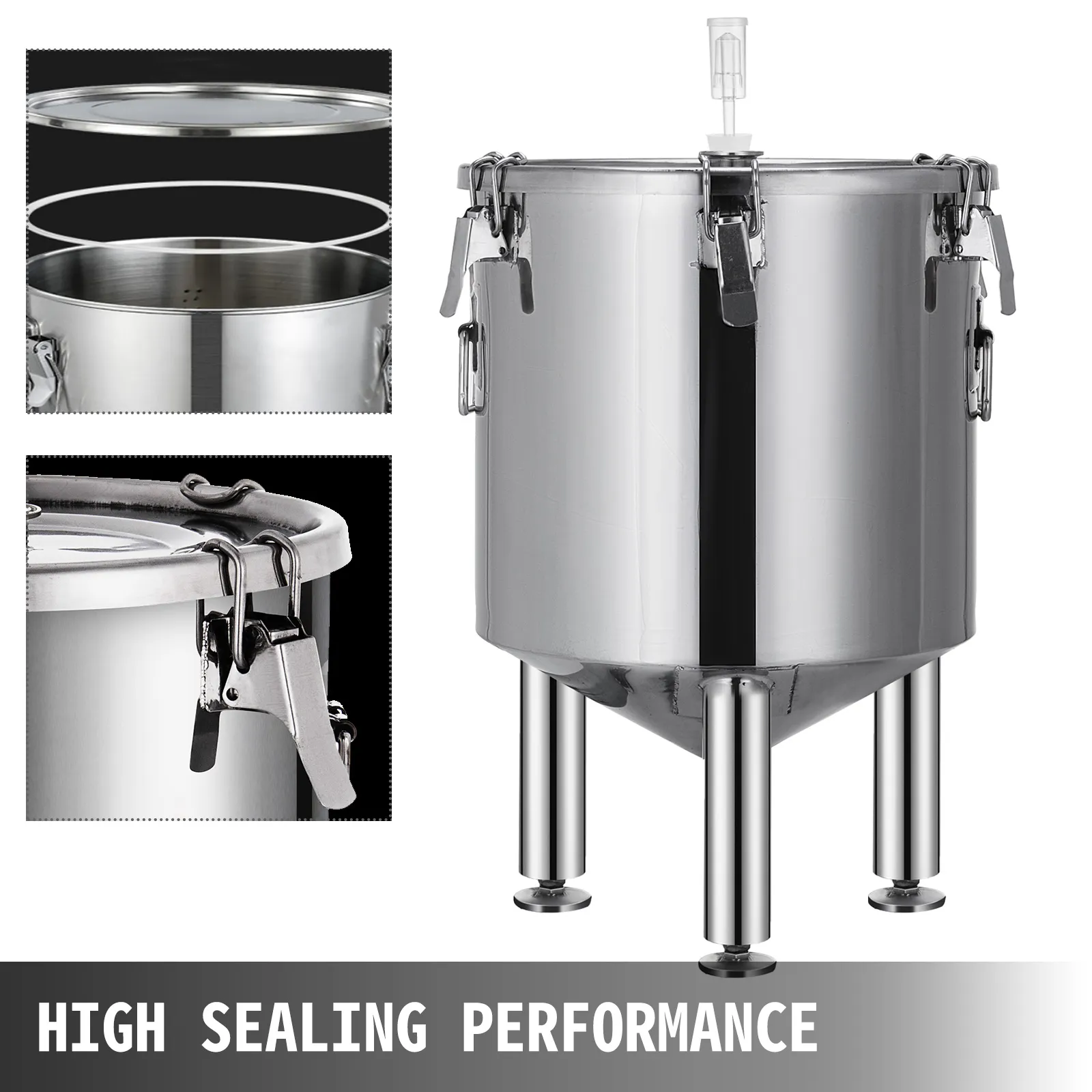 stainless steel VEVOR brew fermenter with secure sealing clamps.