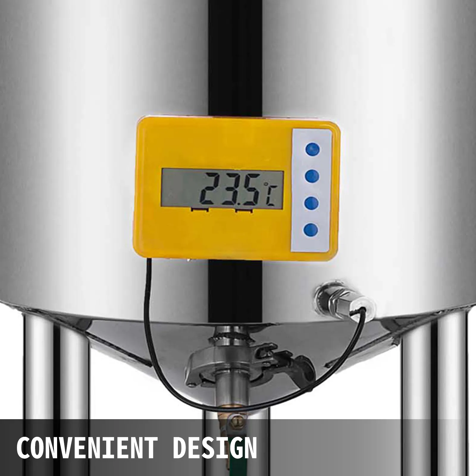 VEVOR brew fermenter with digital temperature display shows 23.5°c.