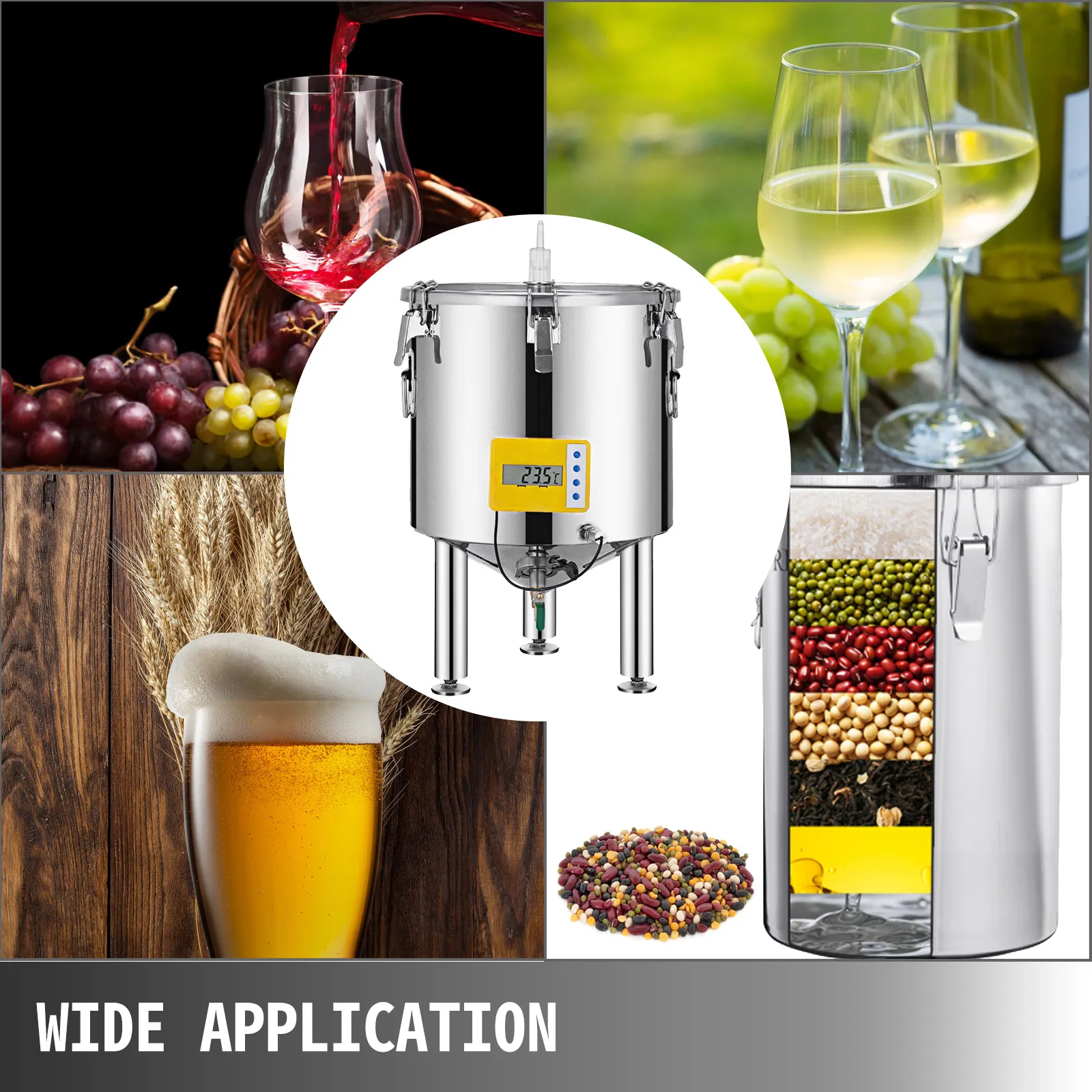 VEVOR brew fermenter with beer, wine, grains, and wide application banner