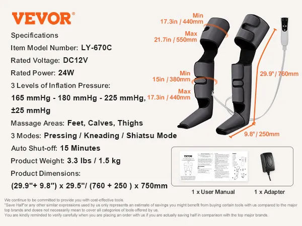 VEVOR leg massager specifications and accessories, including dimensions, modes, and pressure levels.