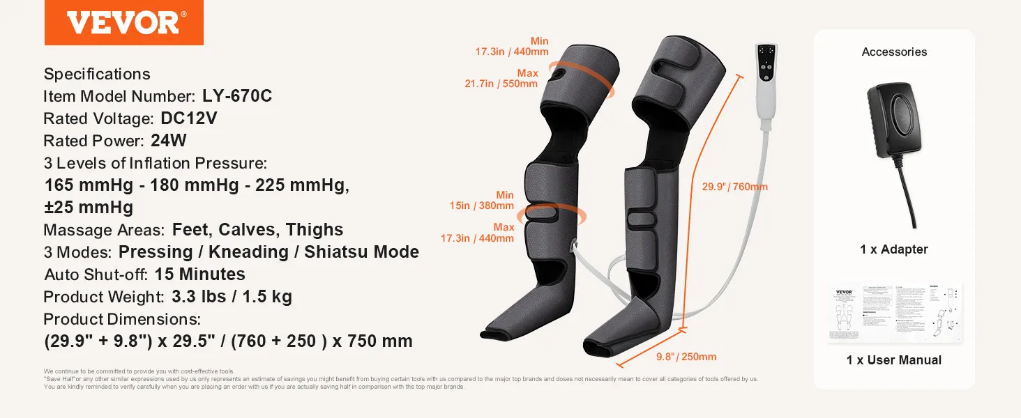VEVOR leg massager specifications and accessories, including dimensions, modes, and pressure levels.