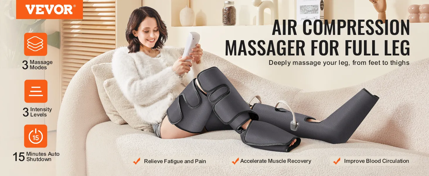 VEVOR leg massager provides full-leg air compression with 3 massage modes, 3 intensity levels, and auto-shutdown.