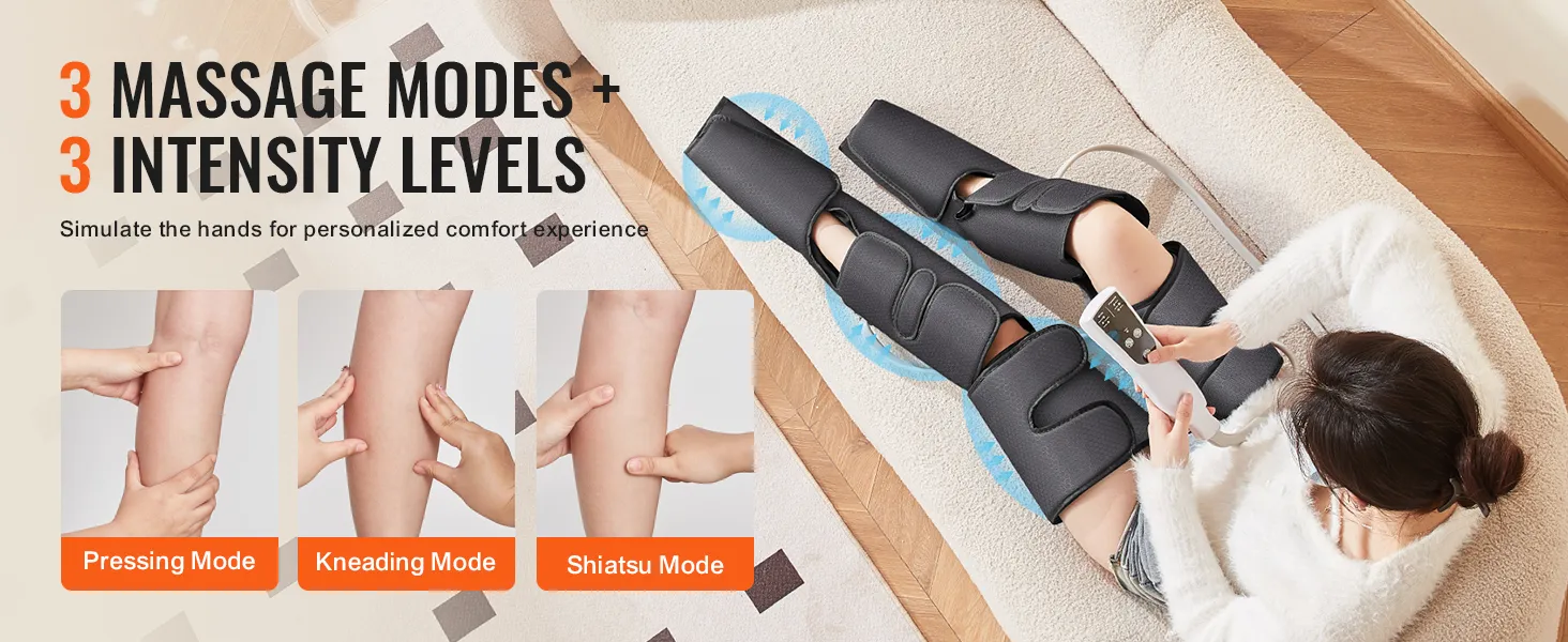 woman using VEVOR leg massager with 3 modes and 3 intensity levels, showcasing pressing, kneading, and shiatsu.
