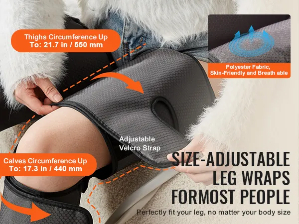adjustable VEVOR leg massager with velcro strap fitting thighs up to 21.7 in and calves up to 17.3 in.