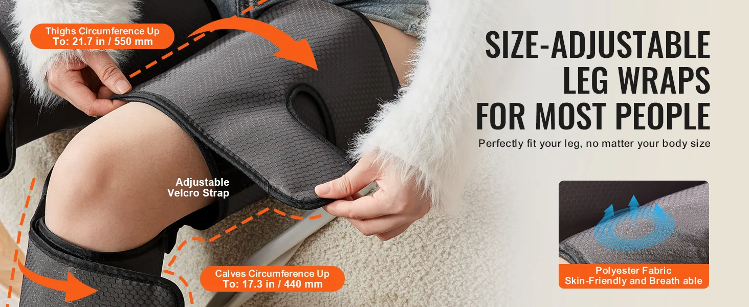 adjustable VEVOR leg massager with velcro strap fitting thighs up to 21.7 in and calves up to 17.3 in.