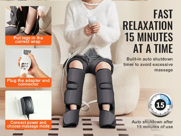 VEVOR leg massager for fast relaxation in 15 minutes, with auto shutdown and easy-to-use controls.