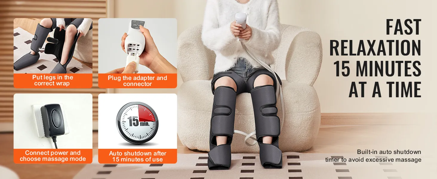 VEVOR leg massager for fast relaxation in 15 minutes, with auto shutdown and easy-to-use controls.