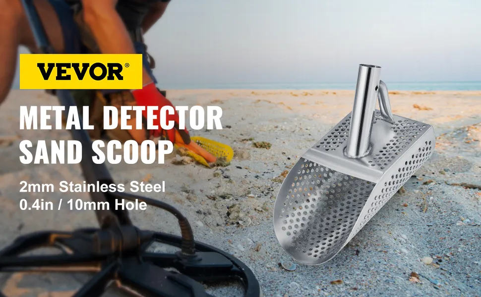 Detector de metales VEVOR, pala de arena en la playa con detector de metales y fondo de arena.