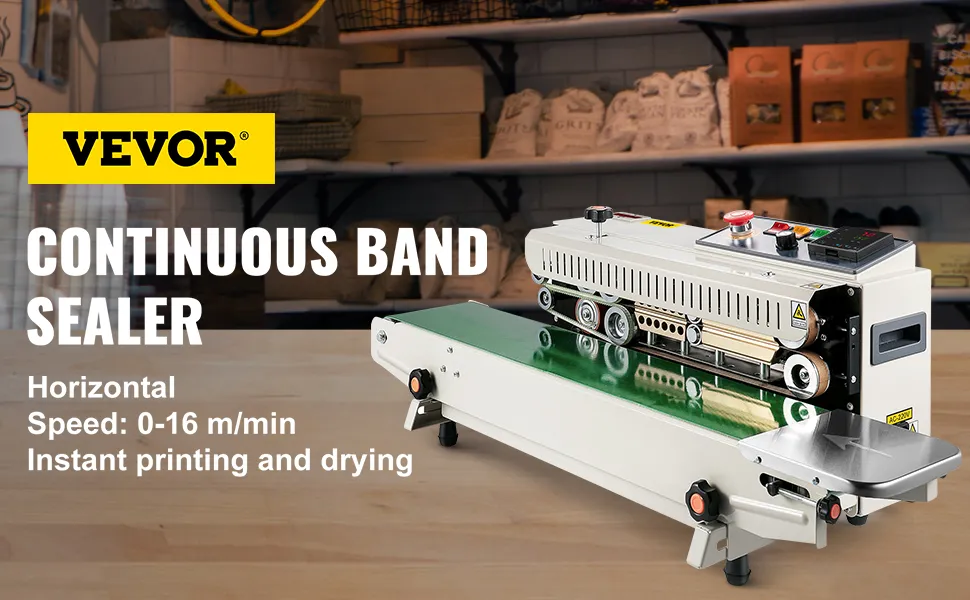 Máquina selladora de bolsas VEVOR con sellador de banda continua y funciones de impresión instantánea.