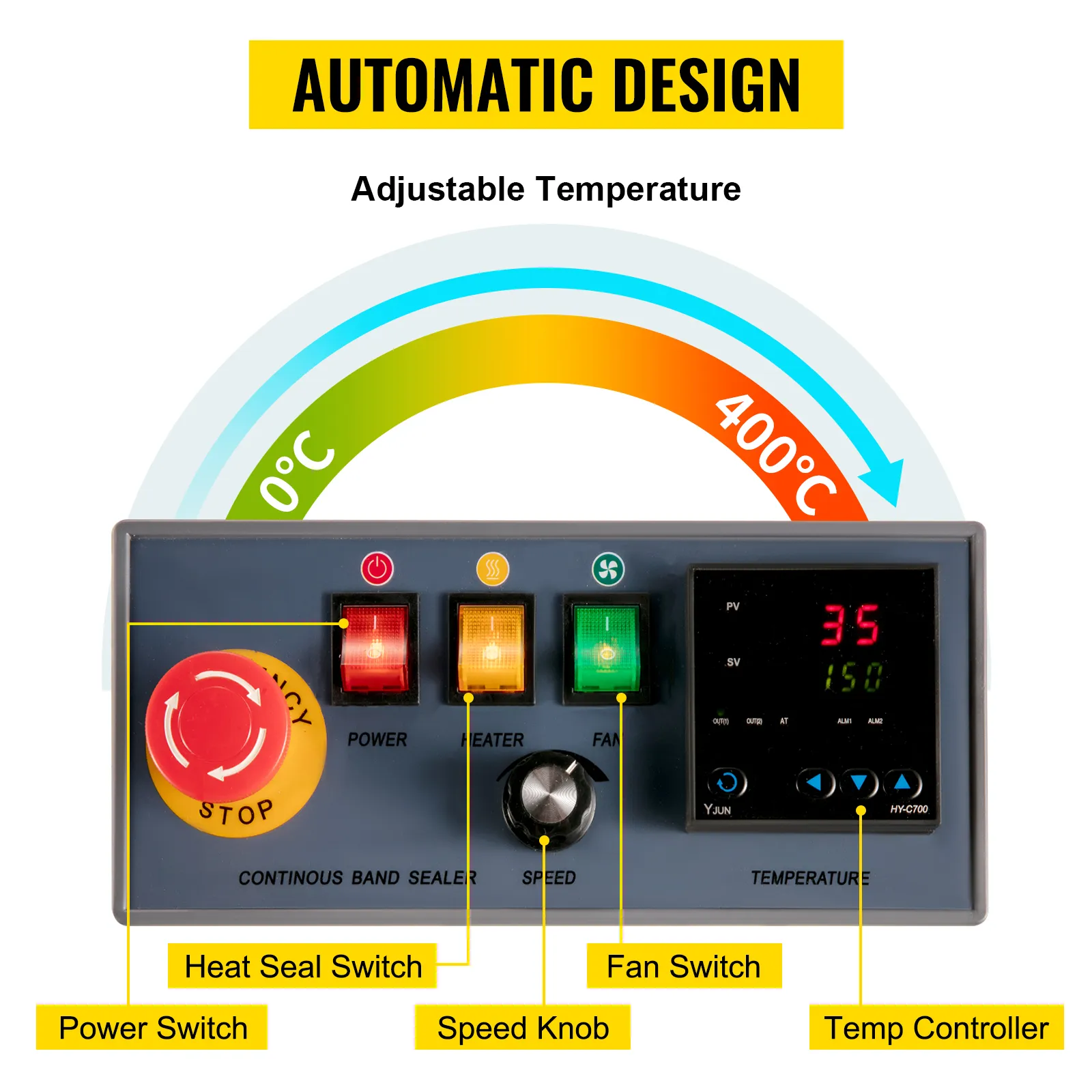 Panel de control de la máquina selladora de bolsas VEVOR con temperatura ajustable y varios interruptores.