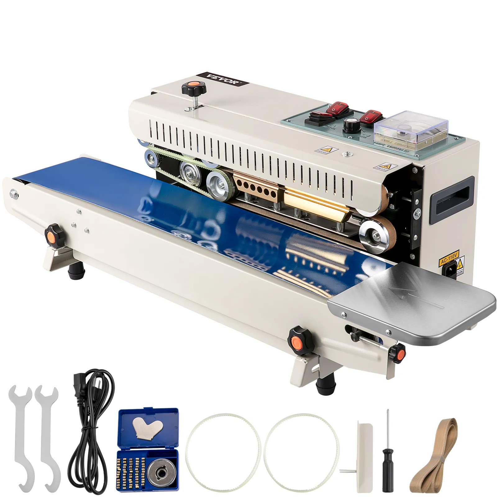 Selladora de banda continua VEVOR con accesorios, cinta transportadora azul e interruptores de control.