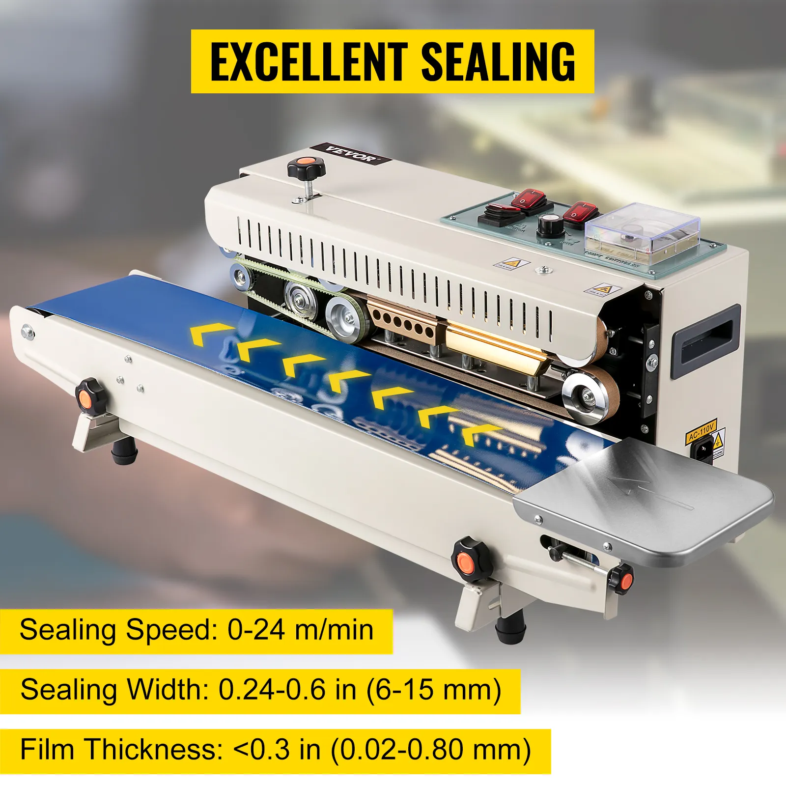 Selladora de banda continua VEVOR con excelente sellado y configuraciones de velocidad ajustables.