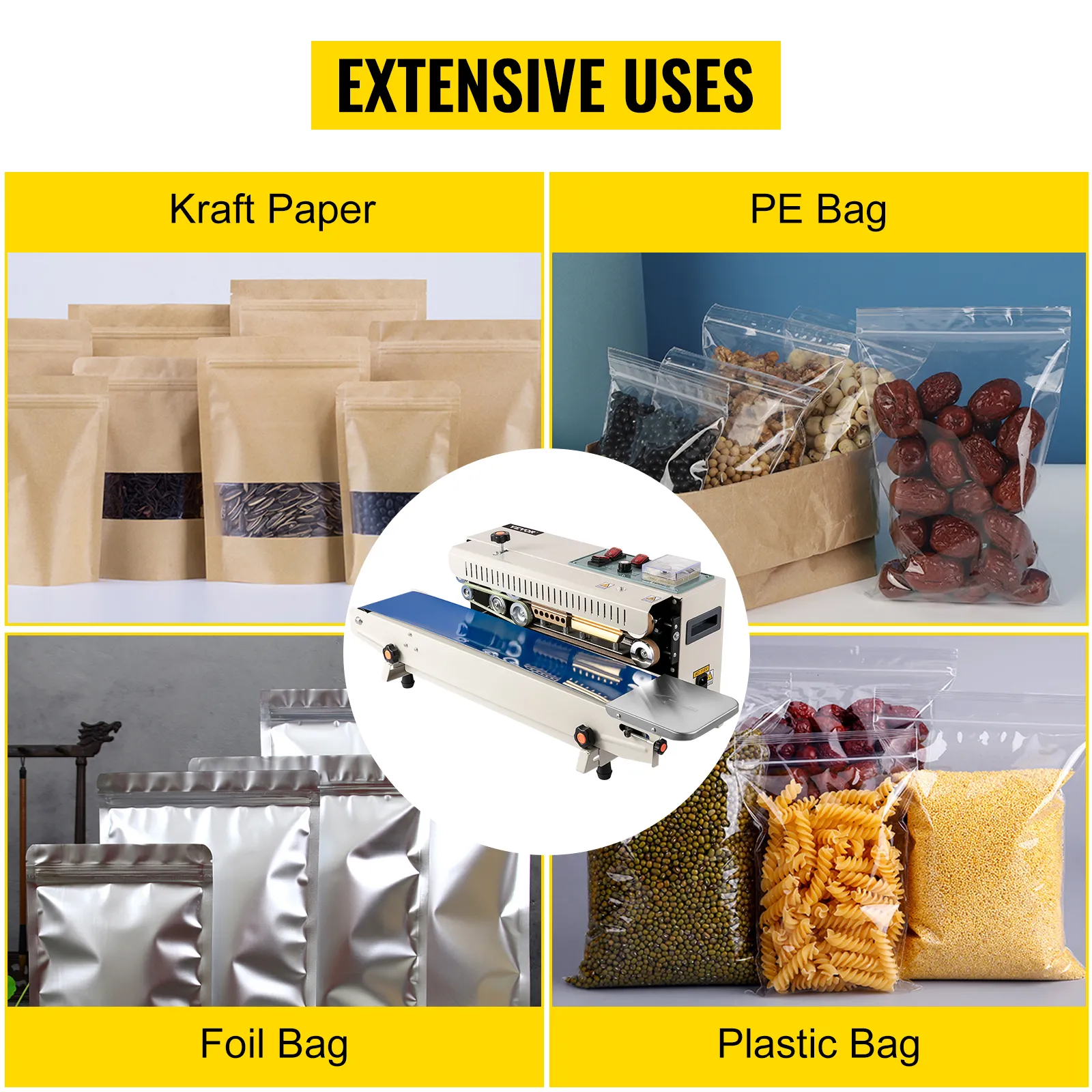 Selladora de banda continua VEVOR para bolsas kraft, pe, papel de aluminio y plástico. Usos extensos.
