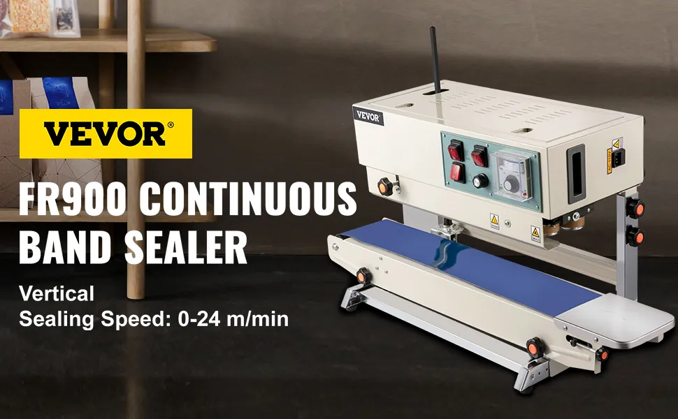Selladora de banda continua VEVOR fr900 vertical, velocidad de sellado: 0-24 m/min.