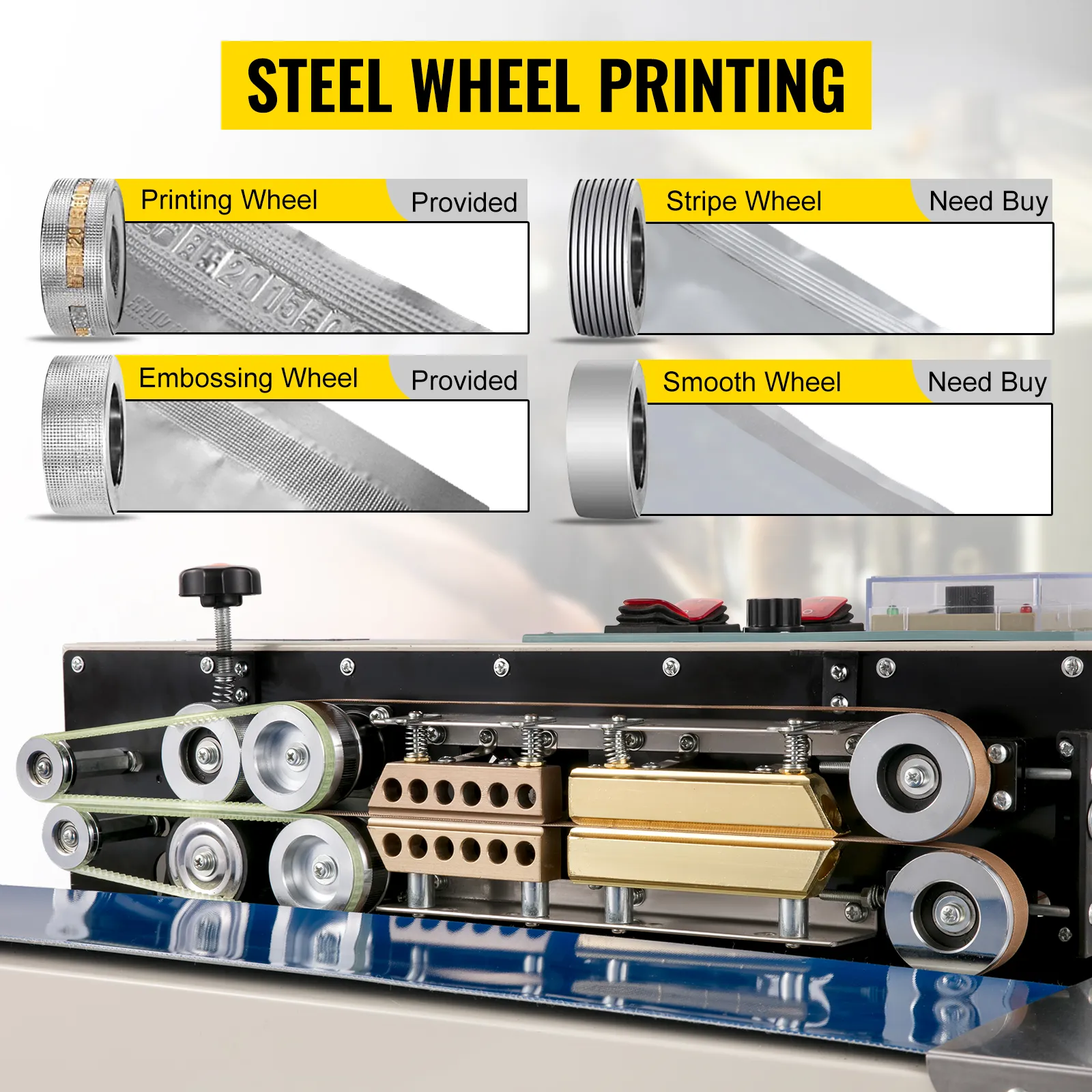 Selladora de banda continua VEVOR con ruedas de impresión y gofrado de acero.