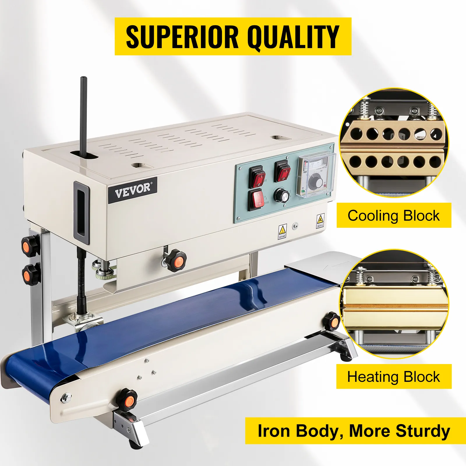 Selladora de banda continua VEVOR con bloques de enfriamiento y calentamiento, cuerpo de hierro, “calidad superior”.