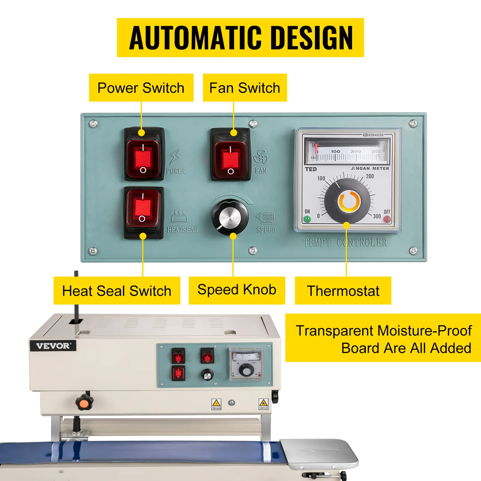 Selladora de banda continua VEVOR con diseño automático, interruptores y panel de control