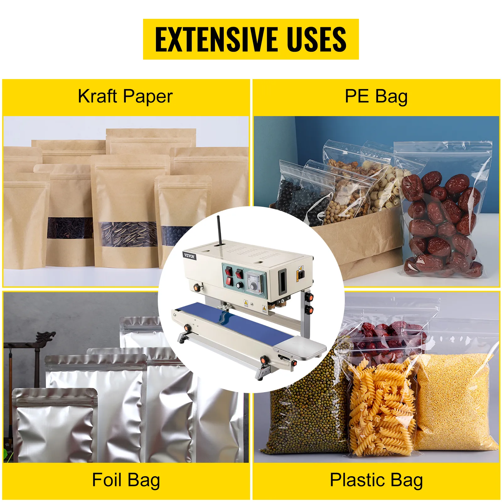 Selladora de banda continua VEVOR: amplios usos para papel kraft, PE, papel de aluminio y bolsas de plástico.
