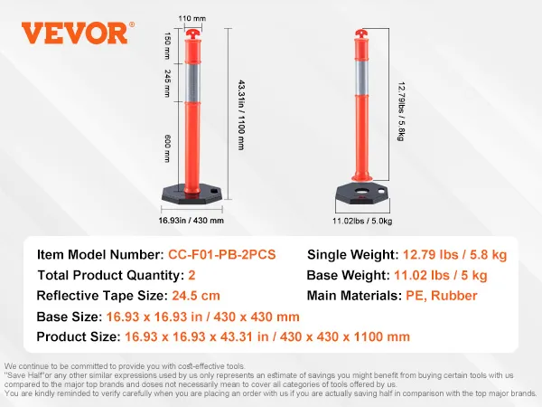 VEVOR traffic delineator specifications, two units, reflective tape, and base dimensions included.