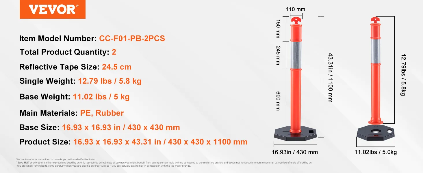 VEVOR traffic delineator specifications, two units, reflective tape, and base dimensions included.