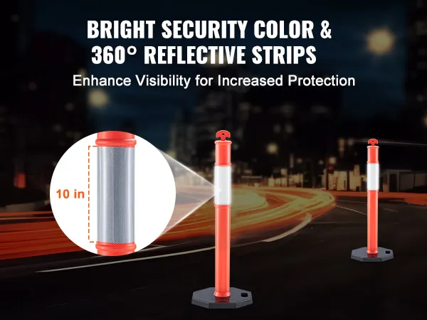 VEVOR traffic delineator with bright orange color and 360° reflective strips enhancing night visibility.