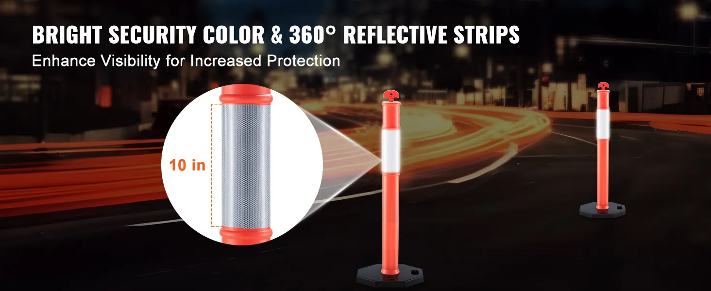 VEVOR traffic delineator with bright orange color and 360° reflective strips enhancing night visibility.