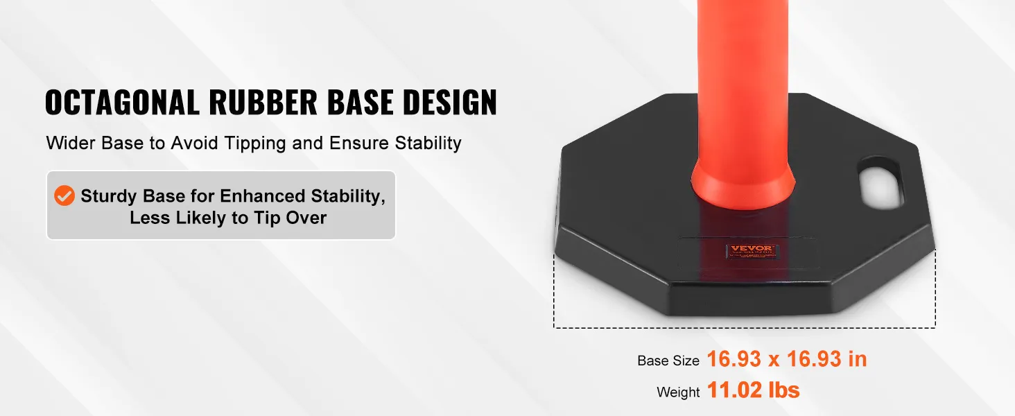 VEVOR traffic delineator with an octagonal rubber base for enhanced stability and tipping prevention.