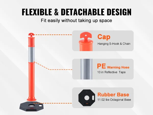 flexible VEVOR traffic delineator with detachable design, pe warning hose, cap, and sturdy rubber base.