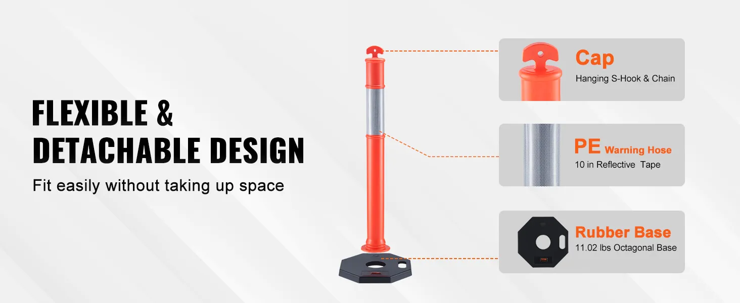 flexible VEVOR traffic delineator with detachable design, pe warning hose, cap, and sturdy rubber base.