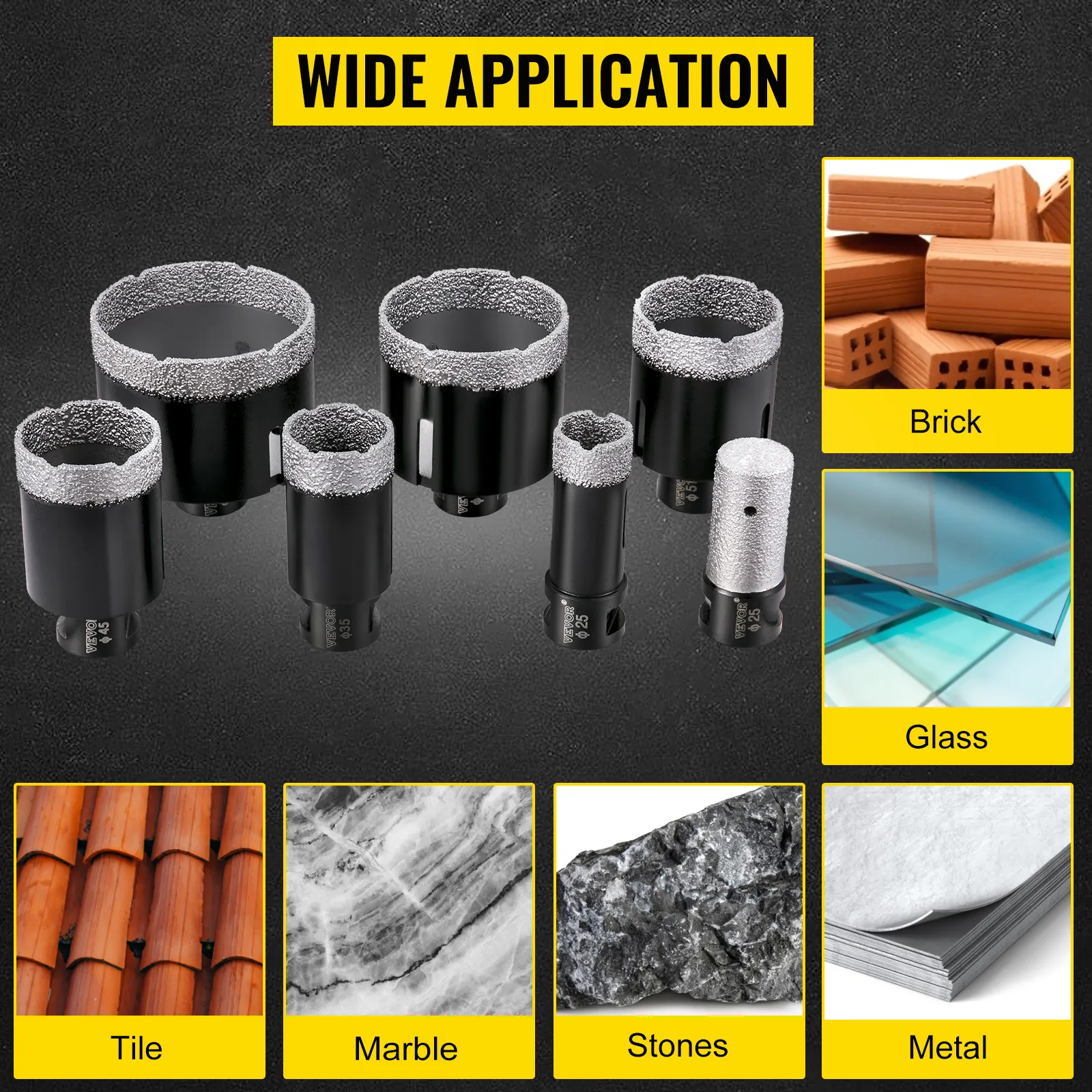 Brocas de diamante VEVOR para aplicaciones en ladrillo, vidrio, baldosas, mármol, piedra y metal.