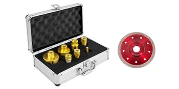 VEVOR diamond drill bits set in a metal case next to a red circular blade.